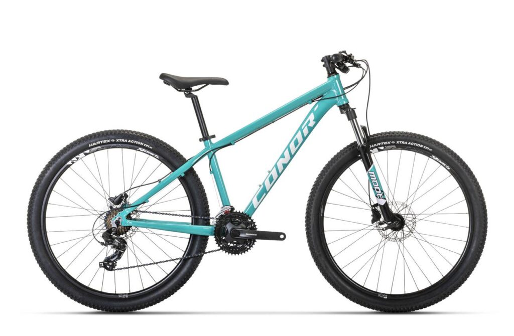 Bicicleta de montaña Conor 6300 de 29 pulgadas en color turquesa, vista lateral completa
