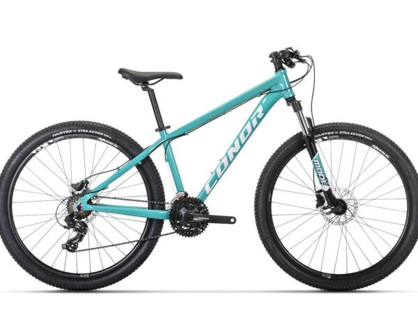 Bicicleta de montaña Conor 6300 de 29 pulgadas en color turquesa, vista lateral completa