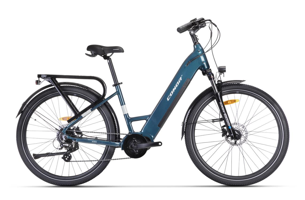 Bicicleta eléctrica urbana Conor ROMA azul de cuadro bajo, vista lateral completa