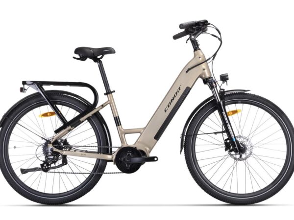 Bicicleta eléctrica urbana Conor ROMA en color oro, cuadro bajo, vista lateral completa