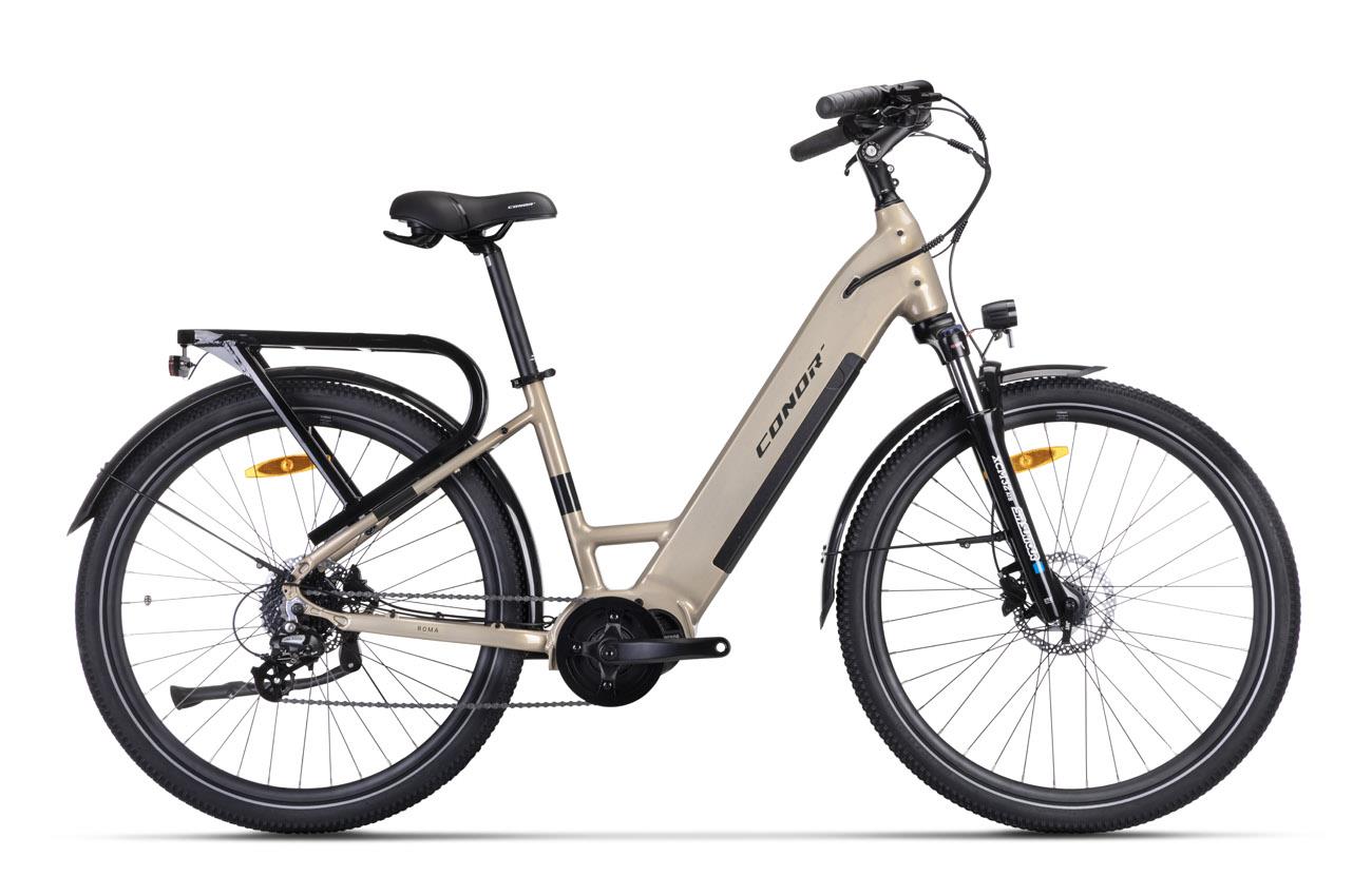 Bicicleta eléctrica urbana Conor ROMA en color oro, cuadro bajo, vista lateral completa