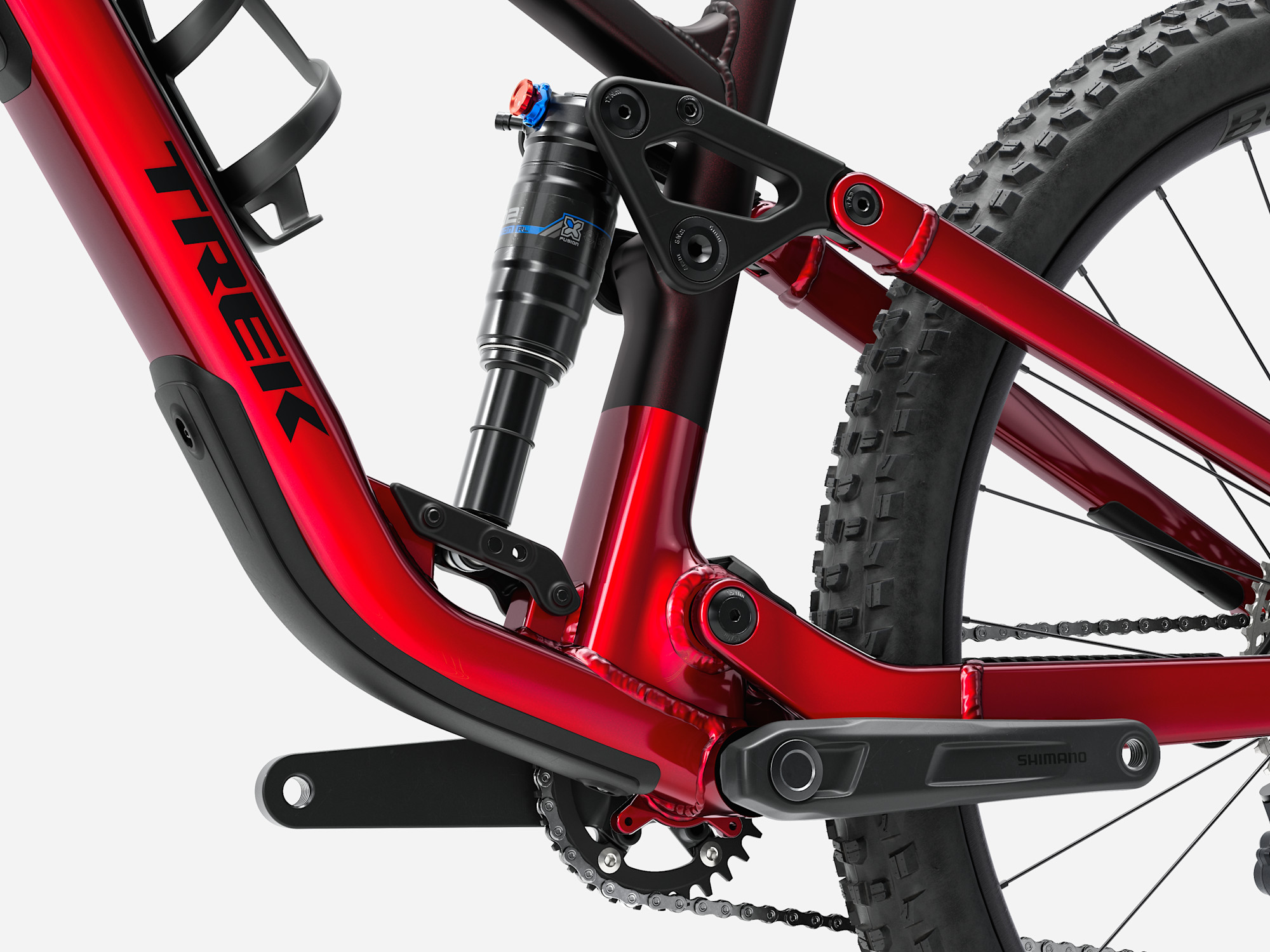 Detalle del amortiguador trasero X-Fusion Pro 2 de la Trek Fuel EX 5 Gen 7 roja
