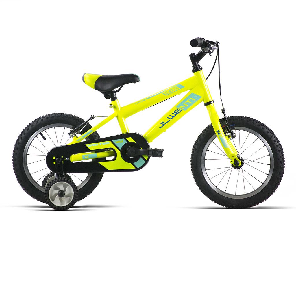 Bicicleta infantil de 12 pulgadas amarilla con ruedines desmontables y cubrecadenas, vista lateral
