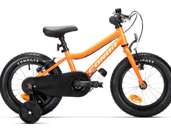 Bicicleta infantil de 14 pulgadas Conor KID 14 en naranja con ruedines desmontables y cubrecadenas integral