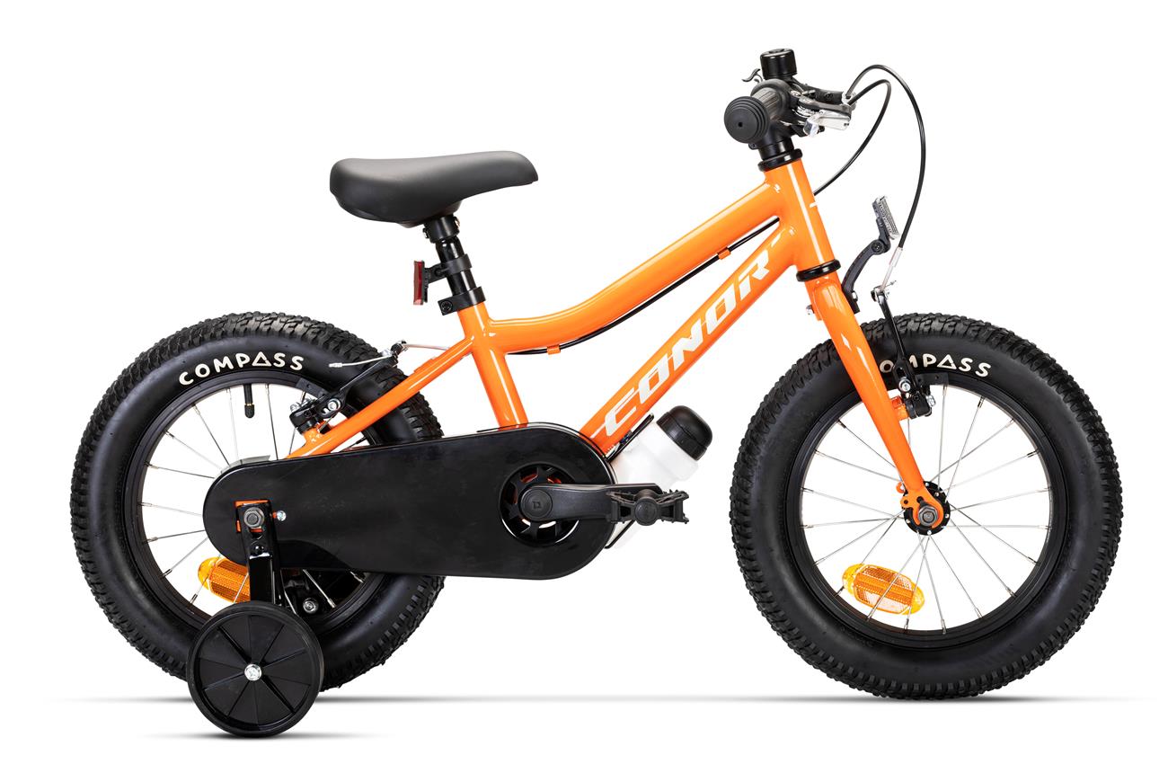 Bicicleta infantil de 14 pulgadas Conor KID 14 en naranja con ruedines desmontables y cubrecadenas integral