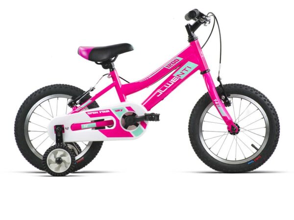 Bicicleta infantil de 14 pulgadas rosa fucsia con detalles en verde agua, cubrecadenas blanco y ruedines