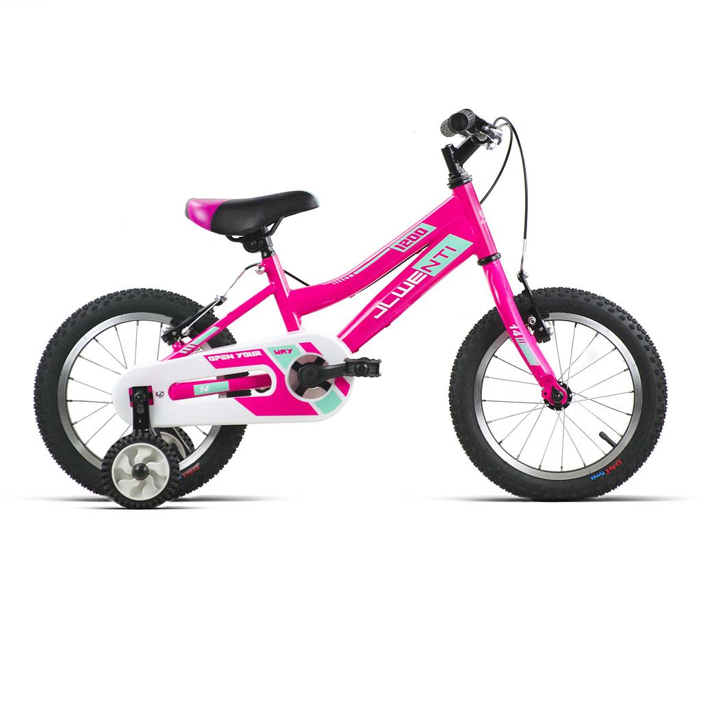 Bicicleta infantil de 14 pulgadas rosa fucsia con detalles en verde agua, cubrecadenas blanco y ruedines