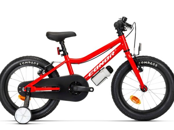Bicicleta infantil Conor KID 16 pulgadas en rojo, con ruedines y cubrecadenas, vista lateral
