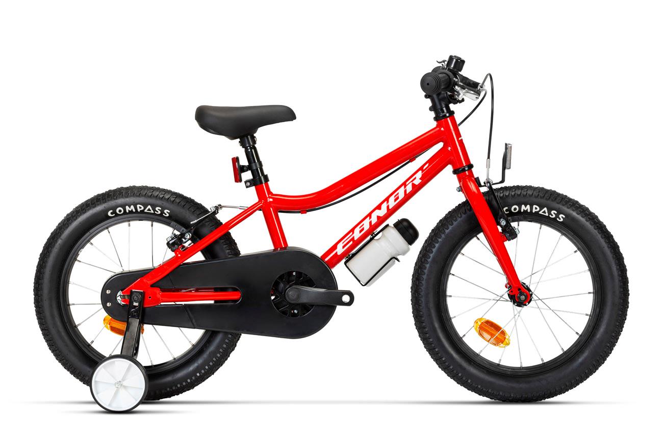 Bicicleta infantil Conor KID 16 pulgadas en rojo, con ruedines y cubrecadenas, vista lateral