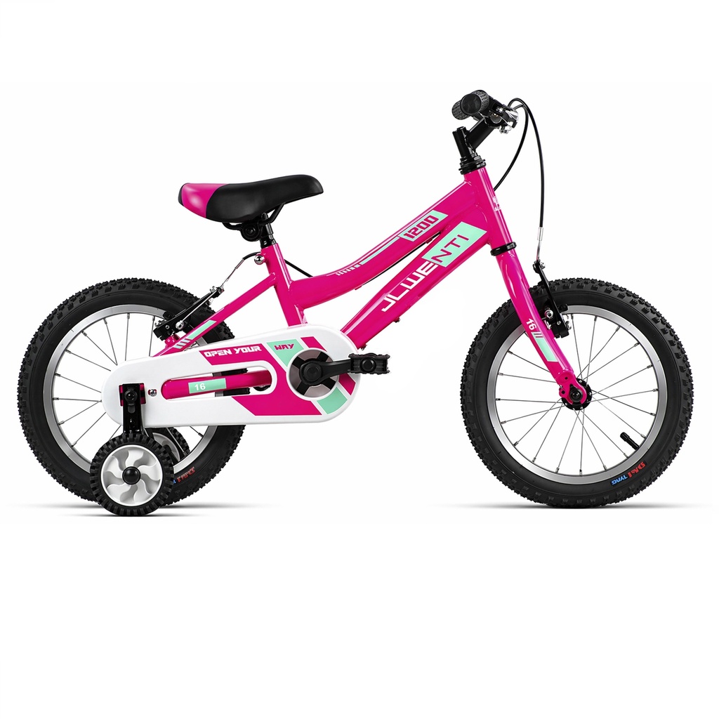 Bicicleta infantil de 16 pulgadas rosa JL-Wenti modelo 1200 con ruedines y cubrecadenas