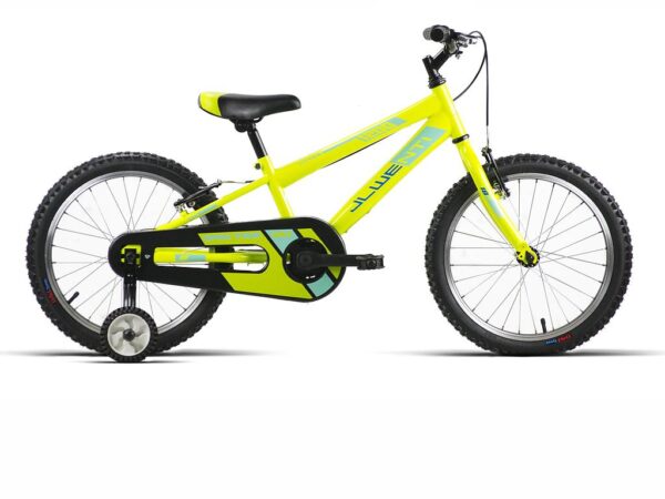 Bicicleta infantil de 18 pulgadas JL-Wenti modelo 1200 en amarillo pistacho con ruedines, vista lateral
