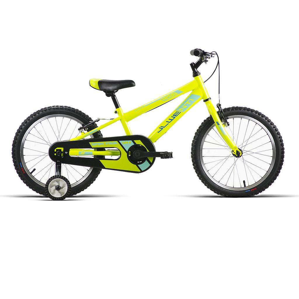 Bicicleta infantil de 18 pulgadas JL-Wenti modelo 1200 en amarillo pistacho con ruedines, vista lateral