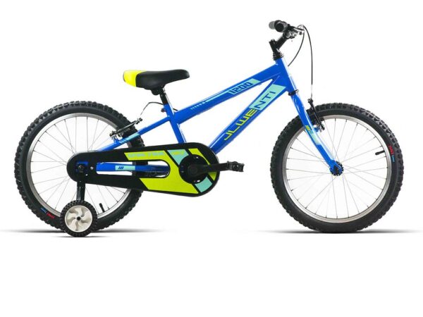 Bicicleta infantil de 18 pulgadas JL-Wenti modelo 1200 en azul con ruedines, vista lateral