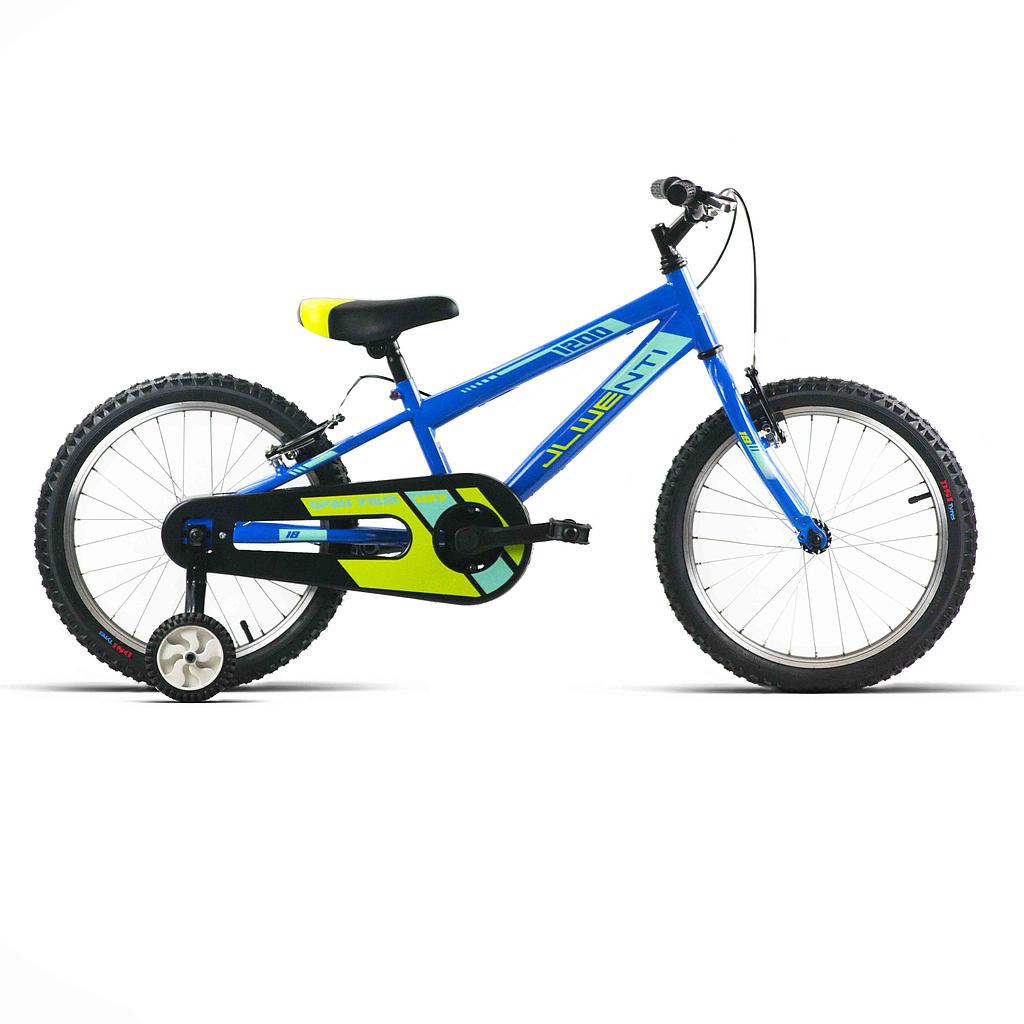 Bicicleta infantil de 18 pulgadas JL-Wenti modelo 1200 en azul con ruedines, vista lateral