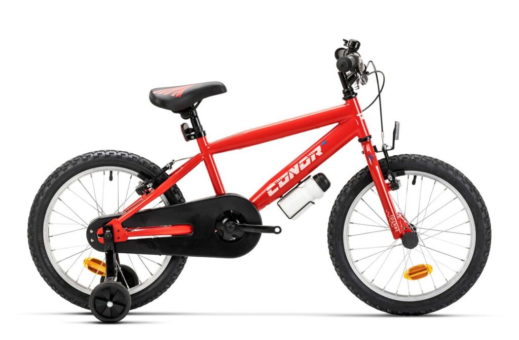 Bicicleta infantil de 18 pulgadas Conor KID 18 en rojo con ruedines, cubrecadenas y bidón