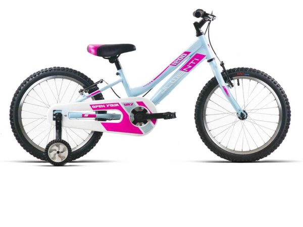 Bicicleta infantil de 18 pulgadas turquesa JL-Wenti modelo 1200 con ruedines y cubrecadenas