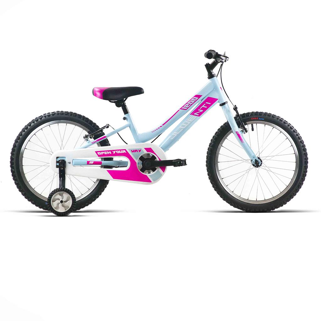 Bicicleta infantil de 18 pulgadas turquesa JL-Wenti modelo 1200 con ruedines y cubrecadenas