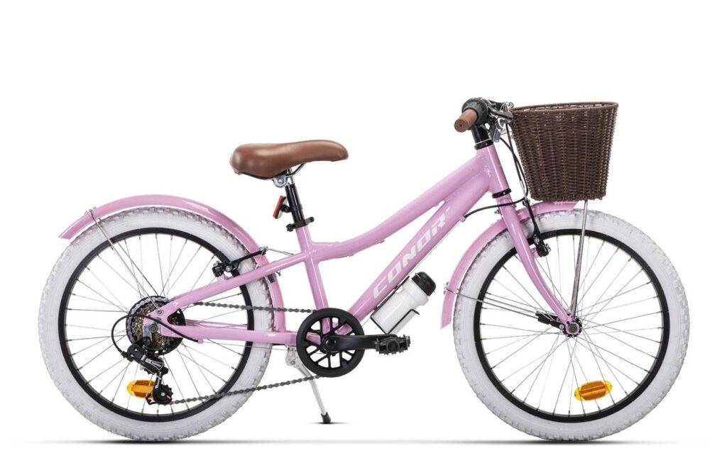 Bicicleta infantil Conor Halebop de 20 pulgadas en rosa con cesta de mimbre, guardabarros y cambio Shimano de 6 velocidades
