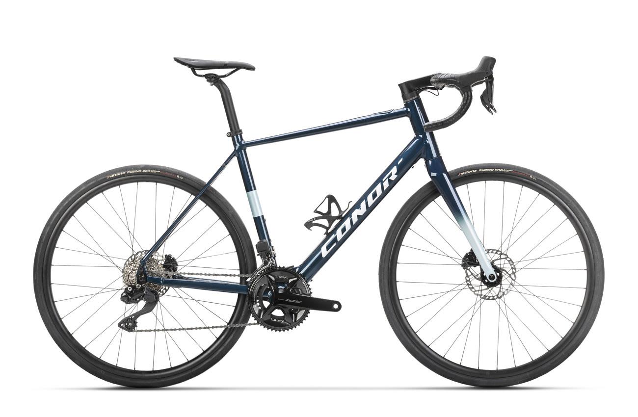 Bicicleta eléctrica de carretera Conor E-RUSH en color Dark Blue, vista lateral completa