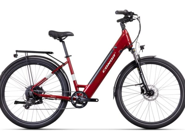 Bicicleta eléctrica urbana Conor Sevilla en granate, cuadro bajo y ruedas de 27,5 pulgadas