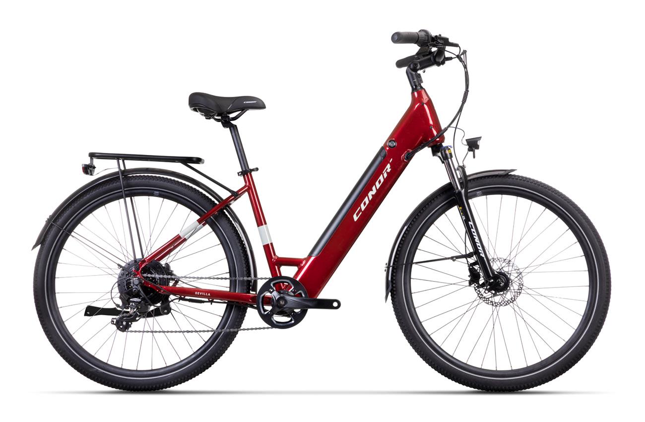 Bicicleta eléctrica urbana Conor Sevilla en granate, cuadro bajo y ruedas de 27,5 pulgadas