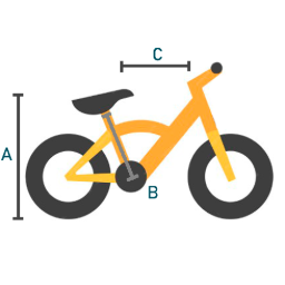 Esquema con las medidas A, B y C de una bicicleta infantil de 16 pulgadas