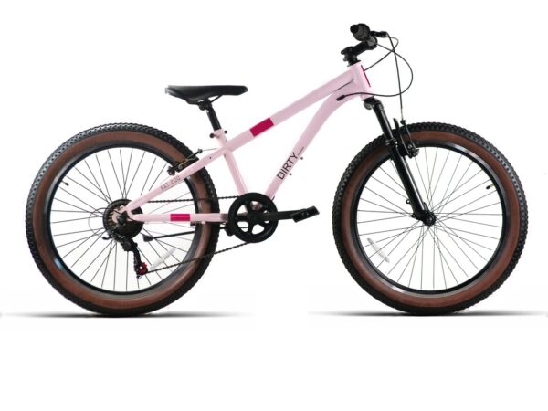 Bicicleta de 26 pulgadas DIRTY FAT200 rosa con cubiertas anchas de flanco marrón y horquilla con suspensión, vista lateral