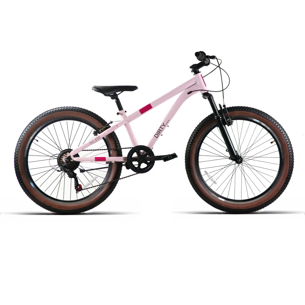 Bicicleta de 26 pulgadas DIRTY FAT200 rosa con cubiertas anchas de flanco marrón y horquilla con suspensión, vista lateral