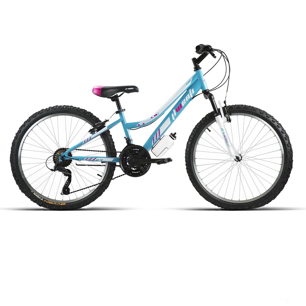 Bicicleta de 26 pulgadas Lady de cuadro bajo azul turquesa con horquilla de suspensión y cambio Shimano