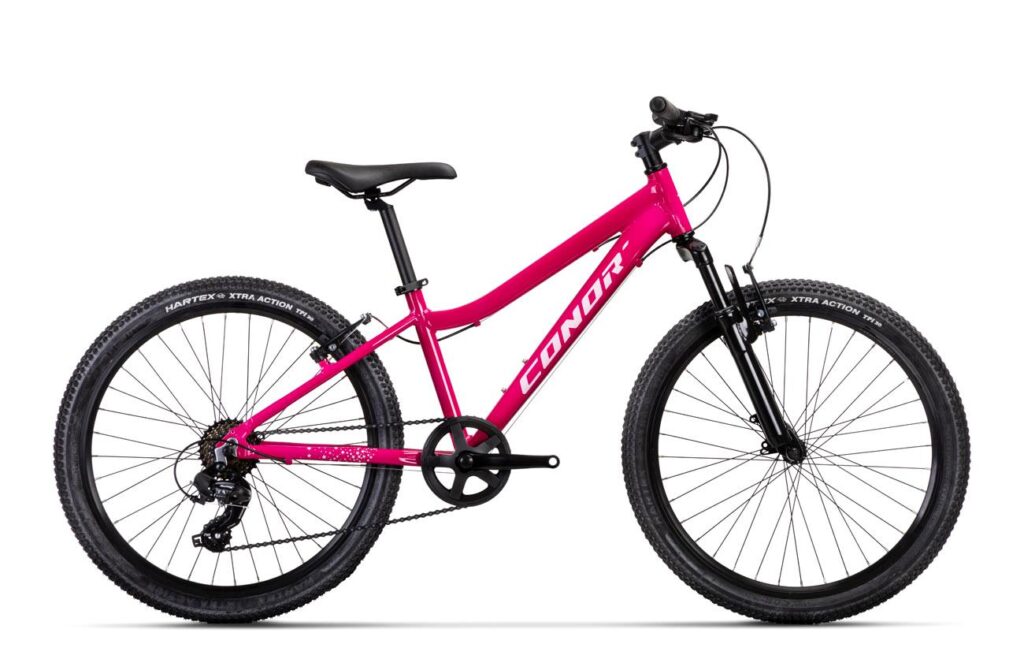 Bicicleta infantil Conor Junior 24 pulgadas mixta fucsia, cuadro bajo de aluminio con suspensión y 7 velocidades