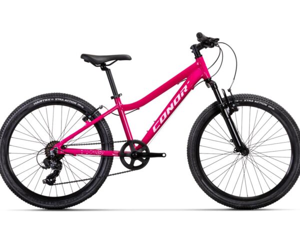 Bicicleta infantil Conor Junior 24 pulgadas mixta fucsia, cuadro bajo de aluminio con suspensión y 7 velocidades