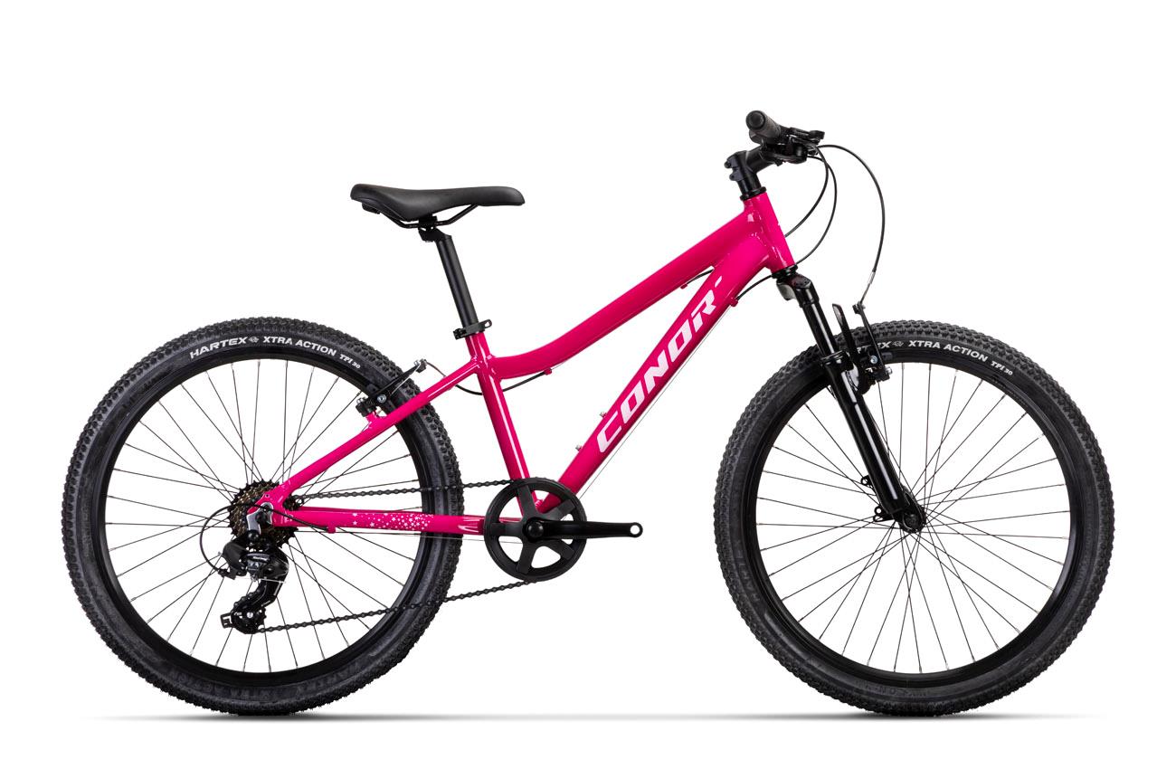 Bicicleta infantil Conor Junior 24 pulgadas mixta fucsia, cuadro bajo de aluminio con suspensión y 7 velocidades