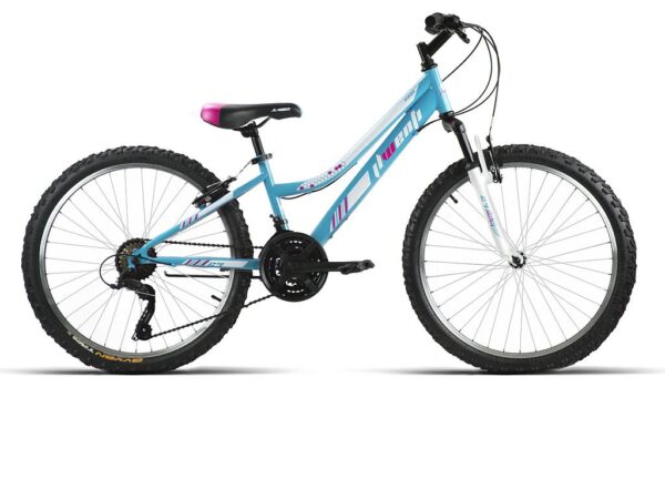 Bicicleta infantil de 24 pulgadas azul turquesa de cuadro bajo con suspensión delantera y triple plato