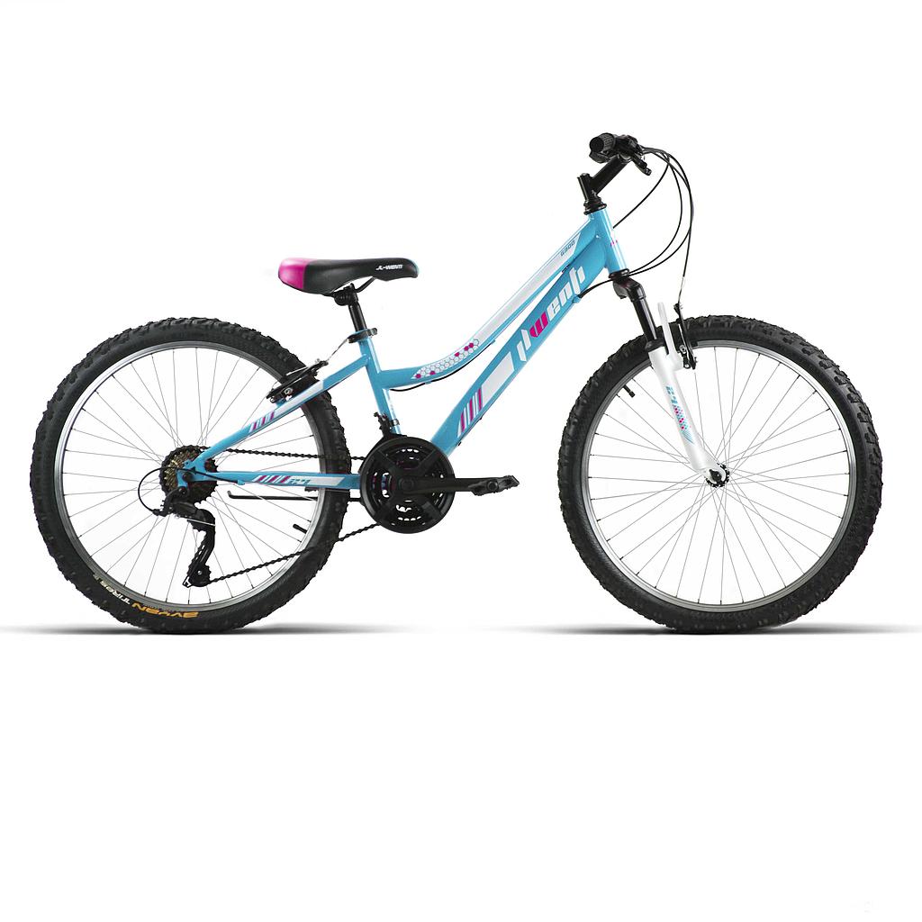 Bicicleta infantil de 24 pulgadas azul turquesa de cuadro bajo con suspensión delantera y triple plato