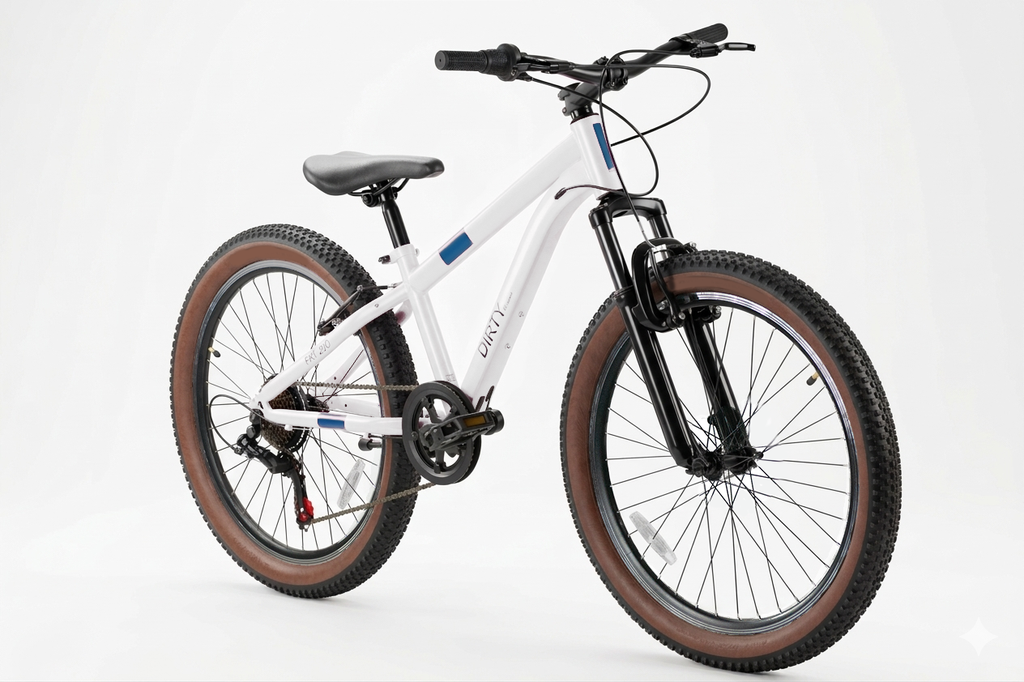 Bicicleta infantil de 24 pulgadas DIRTY FAT200 blanca vista de tres cuartos, con horquilla de suspensión y cubiertas anchas de tacos