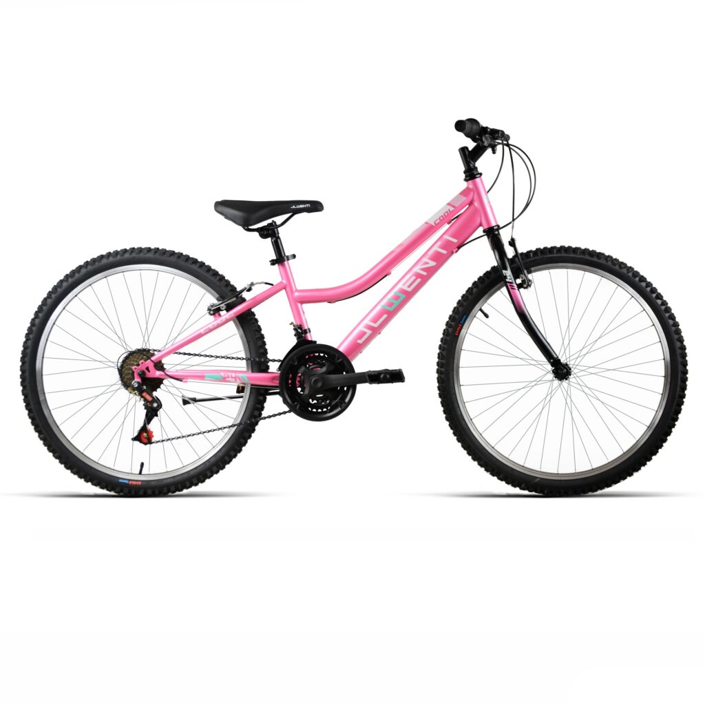 Bicicleta infantil de 24 pulgadas rosa de cuadro bajo con triple plato y 18 velocidades