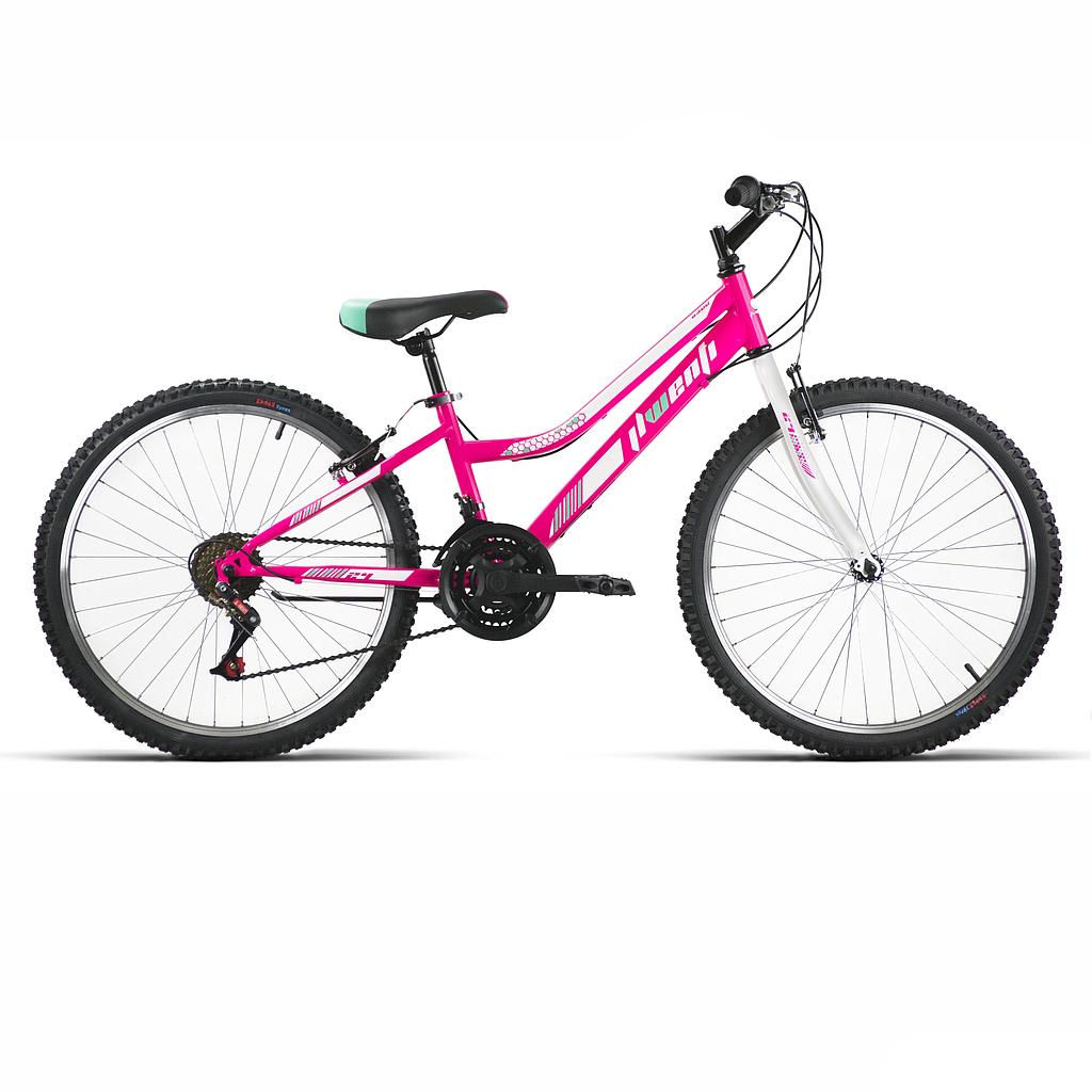Bicicleta de montaña de 26 pulgadas de chica en rosa con cuadro bajo de acero y 18 velocidades