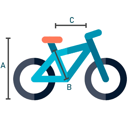 Esquema con las medidas A, B y C de una bicicleta infantil de 24 pulgadas